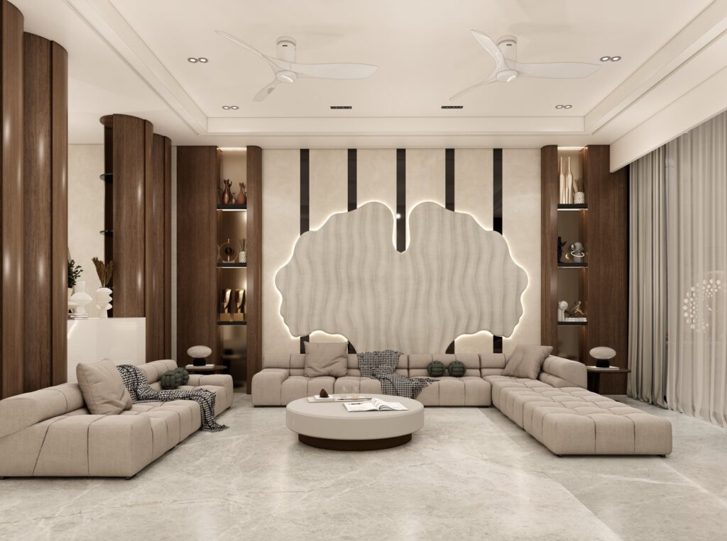 The Aria Residence living area with sculpted feature wall